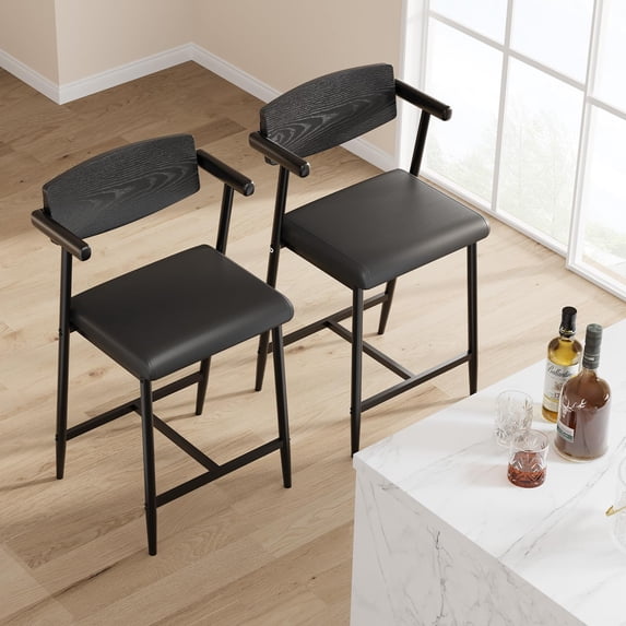 GOGRANT Counter Height Bar Stools with Footrest and Wood Back - Set of 2, Red