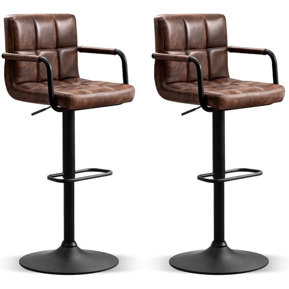 Bar Stools Set of 2 with Back, Modern Square PU Leather Kitchen Stools with Armrest, Adjustable Counter Height Barstools for Kitchen Bar Pub Cafe (Darkbrown)