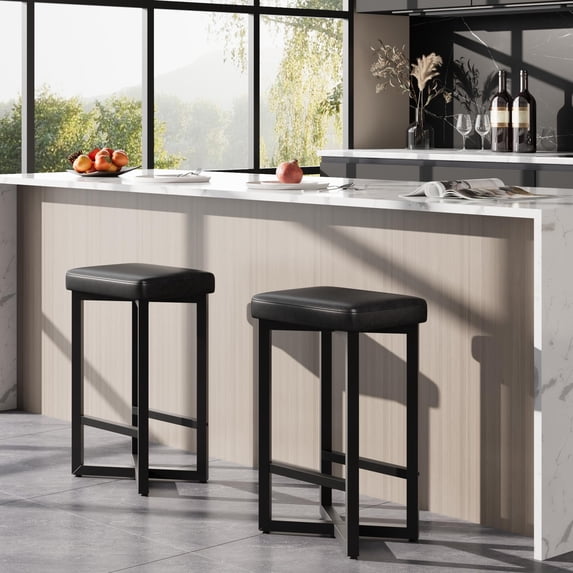 Bar Stools, Set of 2 Bar Chairs, 24.6-Inch Height Stools, Breakfast Bar Stools, Kitchen Stools, 2" Thick Upholstery, for Kitchen, Dining Room, Cafe, Bar Counter, Black