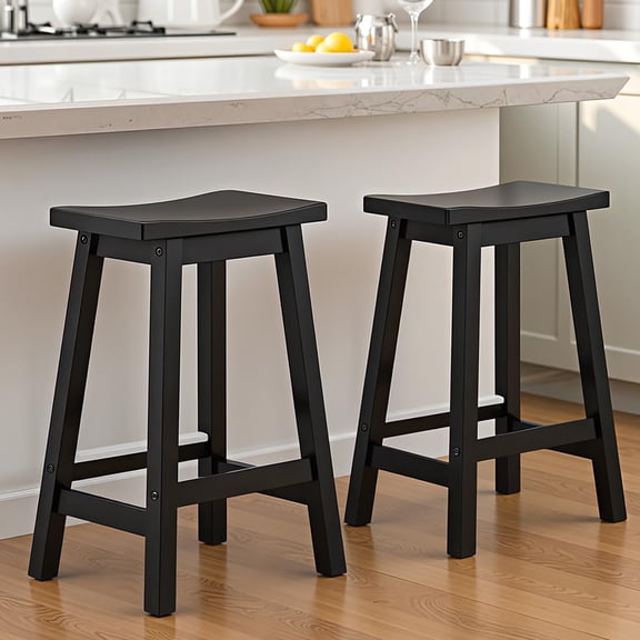 Bar Stools, Set of 2 Bar Chairs, 24 Inch Solid Wood Saddle Stools, Kitchen Counter Seat with Footrests, Industrial Barstools for Dining Room, Kitchen, Counter, Black