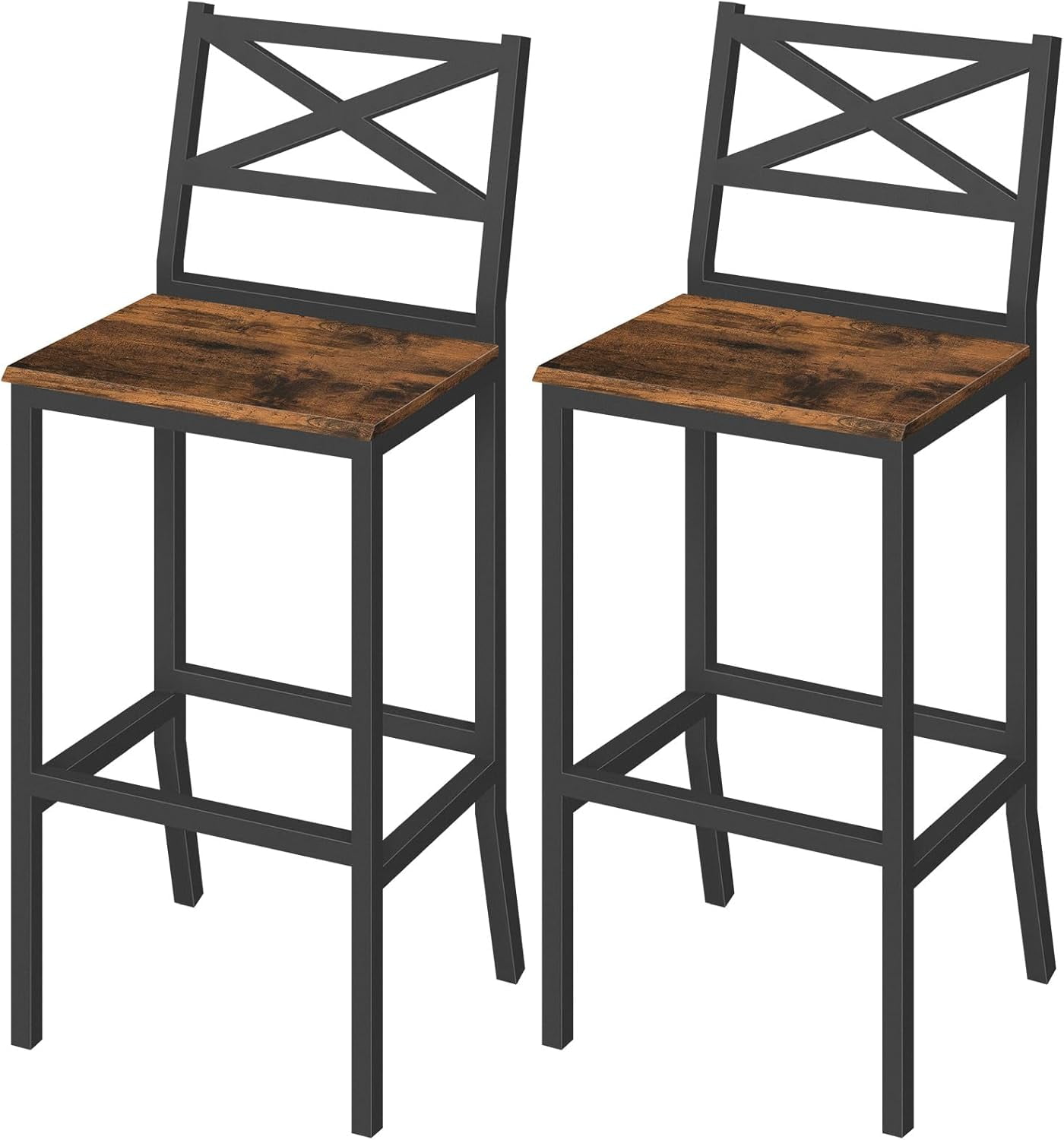Set Of 2 Bar Stools With Backrest – 26" Tall Counter Height, Rustic Brown, Footrest, Engineered Wood & Metal