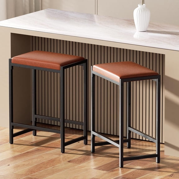 Bar Stools, Set of 2 Bar Chairs, Counter Height Kitchen Counter Stools with Footrests, Synthetic Leather Mid-Century Modern, 25-Inch Tall, for Kitchen, Dining Room, Counter