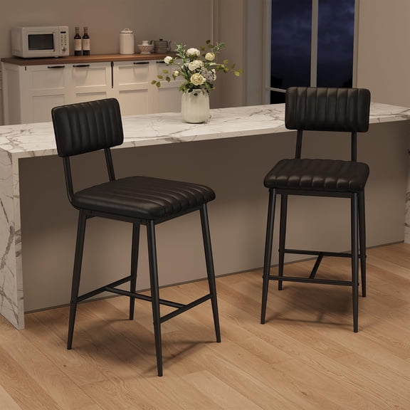 Bar Stools Set of 2, Bar Chairs with Thick Cushion & Metal Legs, PU Leather Counter Height Barstools w/Backrest and Footrest, for Island, Counter Bar, Kitchen, Black