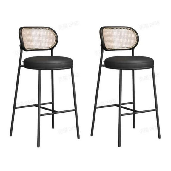 Bar Stools Set of 2, Bar Height Bar Stool with PE Rattan Back, Synthetic Leather Upholstered Stools for Kitchen Island Dining Room, 30.1-Inch Bar Chairs, Ink Black