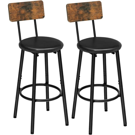 Bar Stools, Set of 2 Bar Stools with PU Upholstered, Bar Chairs with Footrest and Back, 26" Bar Stools for Kitchen Island, Dining Room, Easy to Assemble