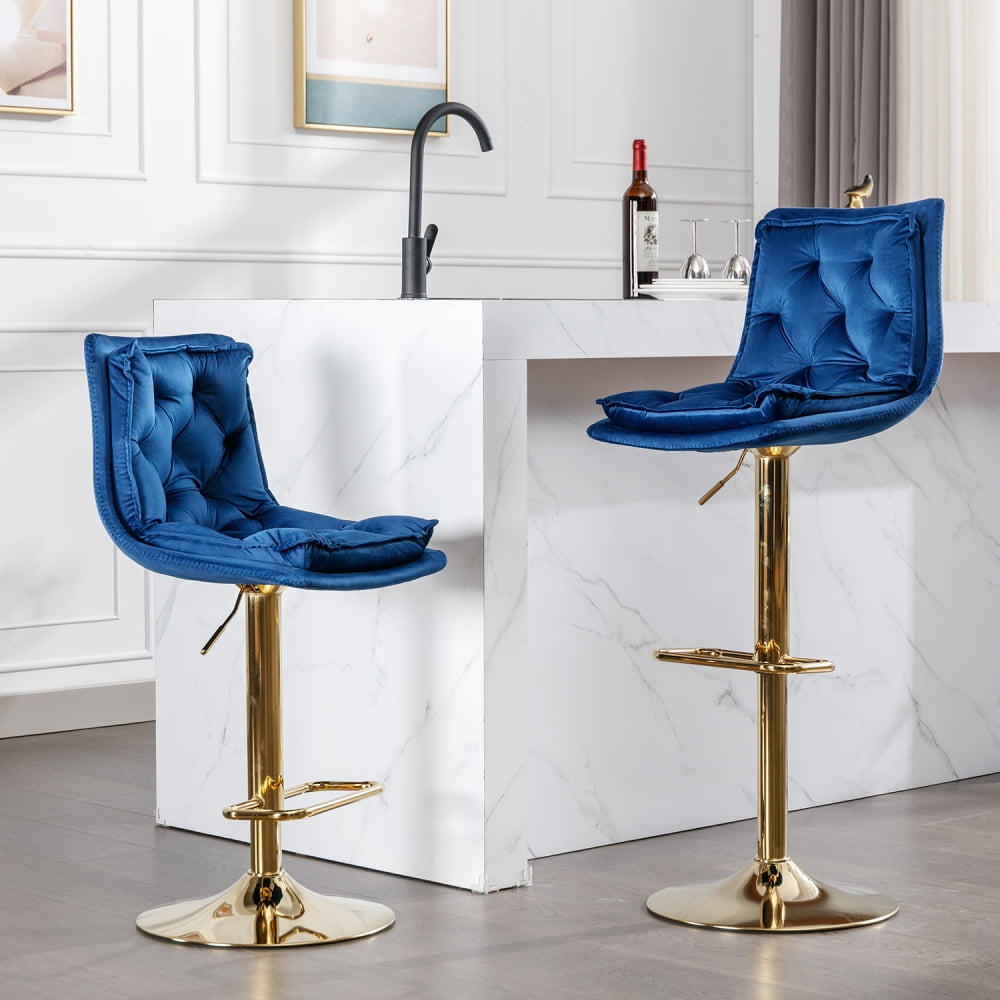 Bar Stools Set of 2 Base Swivel Velvet Counter Height Bar Stools Height Adjustable Upholstered Counter Stools Kitchen Stools with Chrome Footrest and Golden Leg Simple Bar Chair Blue Walmart