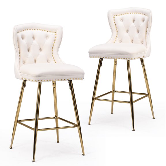 Bar Stools Set of 2, Beige Velvet Counter Height Bar Chairs with Gold Metal Legs, Button Tufted Wing-Back Design and Nailhead Trim for Kitchen Island, Dining Room and Home Pub