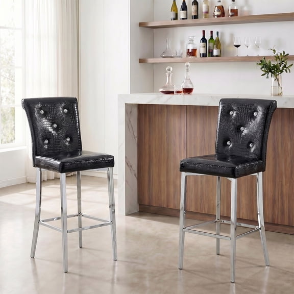 Bar Stools Set of 2,Black Crocodile Leather Barstools, PVC Leather Upholstered Bar Stools, Counter Height Bar Chairs for Kitchen Island, Dining Area - Silver
