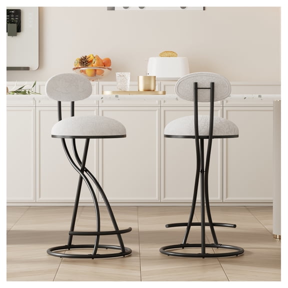 Bar Stools Set of 2, Black Metal Counter Stools, Round White Print Upholstered Kitchen Island Chairs for Dining Room, Pub, Cafe Floral Kitchen Set of 2