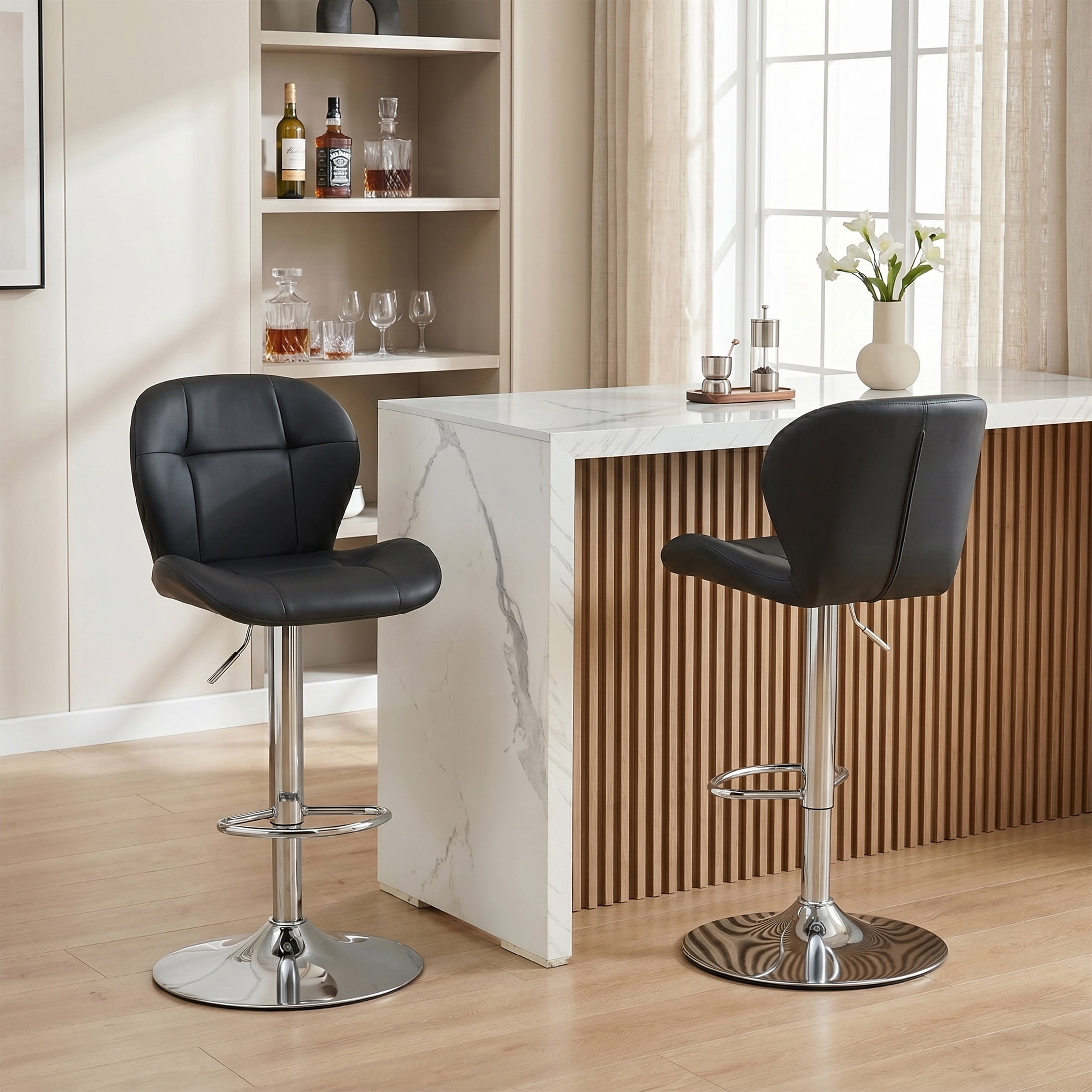 Bar Stools Set of 2, Black PU Leather Upholstered Adjustable Swivel Barstools, Adjustable Height Bar Chairs with Silver Metal Base & Footrest for Kitchen Island, Pub, Bar