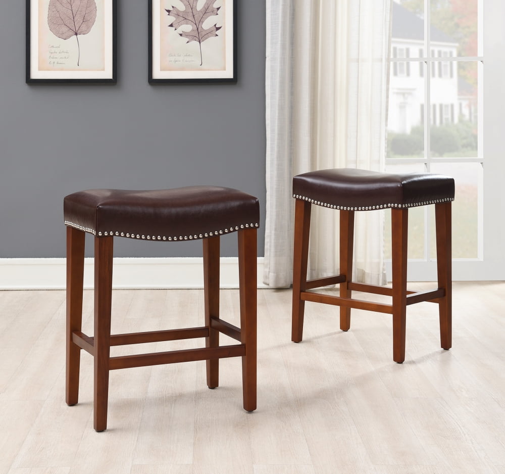 Bar Stools Set of 2, Bonded Leather Dining Stools with Rubber Wood Legs ...