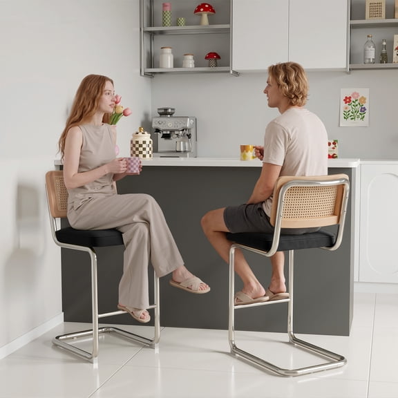 Bar Stools, Set of 2 Cantilever Counter Stools with Rattan Backrest, Velvet Padded Seat, Chrome Metal Frame, 350 lbs Capacity, Footrest for Kitchen Island Home Bar, Black