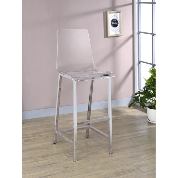 Bar Stools Set of 2, Clear Acrylic and Chrome Metal Contemporary Counter Chairs with Curved Backrest and Footrest, 46"H x 17"W x 21"D, Modern Seating for Kitchen and Home Bar
