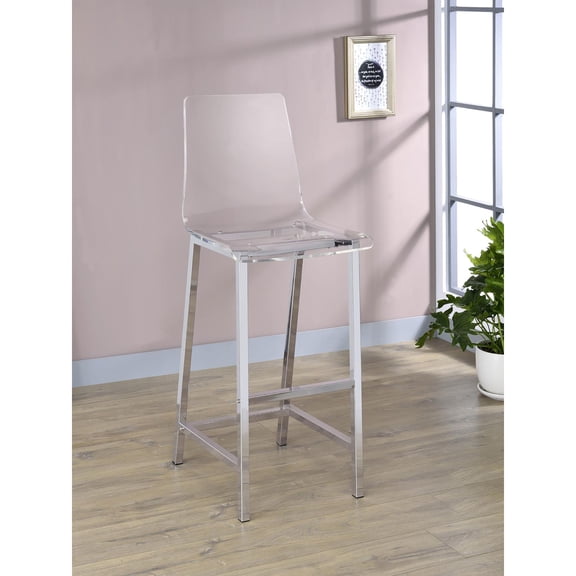 Bar Stools, Set of 2, Clear Acrylic and Chrome Metal Contemporary Counter Stools with Curved Backrest and Foot Pedestal, 46"H x 21"W x 17"D, Modern Seating for Kitchen and Bar