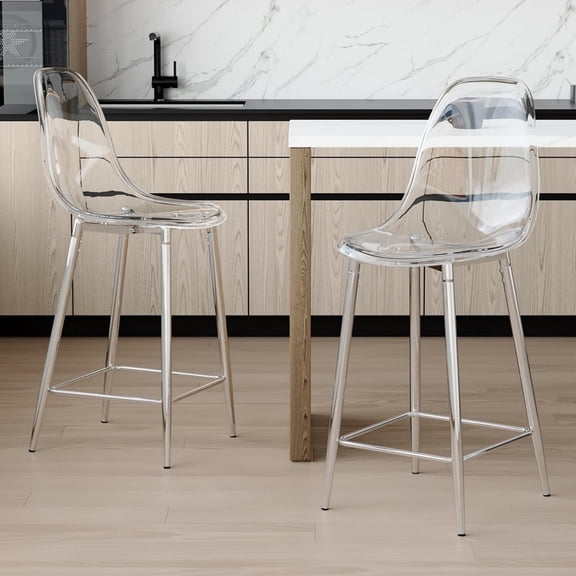 SUDICA Set of 2 Clear Acrylic Bar Stools, Modern Counter Height Chairs with Silver Metal Legs for Kitchen Island or Dining Room