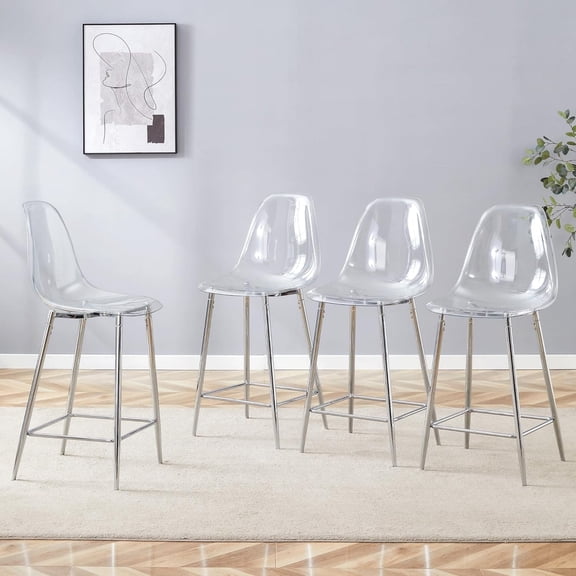 SUDICA Counter Height Bar Stools Set of 4, Clear PET Seats, Silver Metal Legs