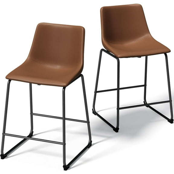 Bar Stools Set of 2, Comfortable Leather Counter Height Bar Stools, 23" Seat Height Island Stools with Metal Legs, Armless Bar Chairs for Home, Kitchen, Dining Room, Bar, Coffee Shop, Brown