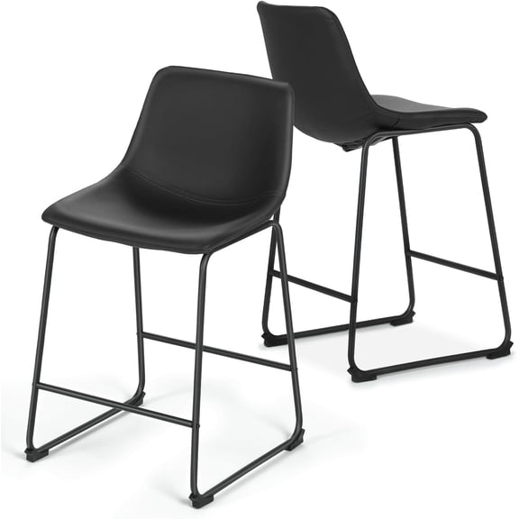 Bar Stools Set of 2, Comfortable Leather Counter Height Bar Stools, 23" Seat Height Island Stools with Metal Legs, Armless Bar Chairs for Kitchen, Dining Room, Bar, Coffee Shop, Black
