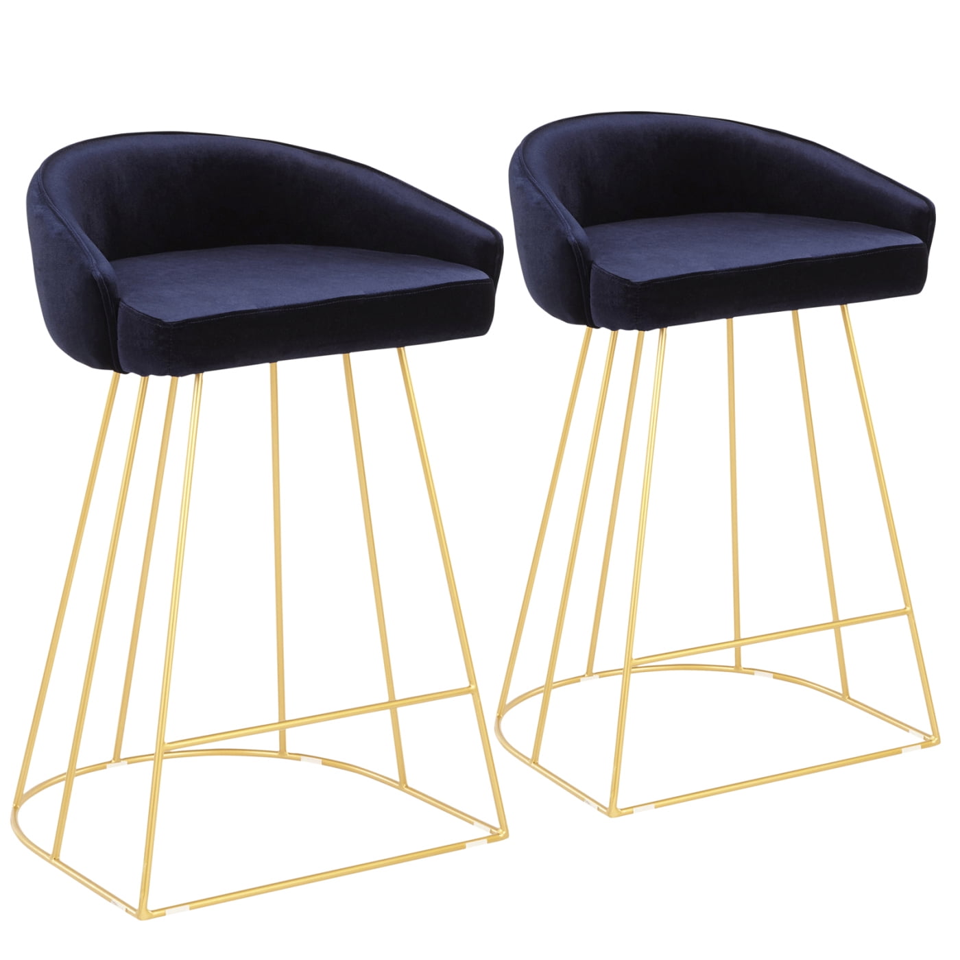 Indigo Blue Velvet and Gold Metal Counter Stools, Set of 2