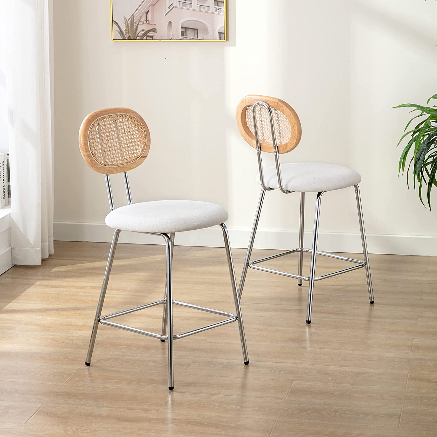 Bar Stools Set of 2,Counter Chairs with Rattan Back Indoor Bar Stools ...