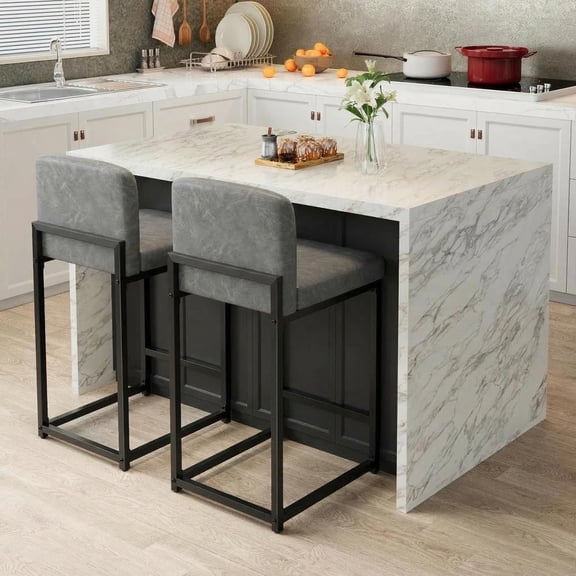 Bar Stools Set of 2, Counter Height 24.8'' Barstool PU Leather with Back, Modern Upholstered Island Chairs with Metal Legs for Kitchen Island, Bar, Counter, Grey