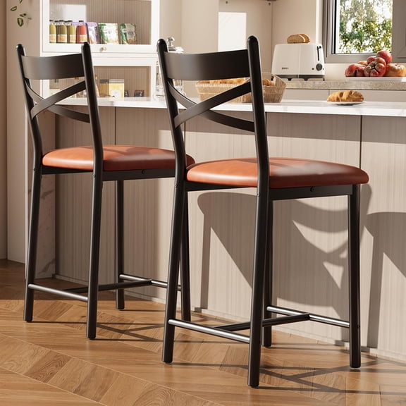 Bar Stools Set of 2, Counter Height Bar Chairs with Back and Thick Cushion, Upholstered Dining Chairs with Padded Seat, Barstools for Kitchen Island, Bar, Dining Room, Modern Brown