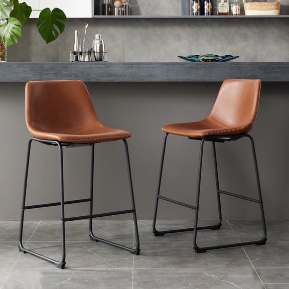CONCETTA Bar Stools Set of 2, 26inch Industrial Stools with Back, Leather and Footrest for Kitchen, Brown