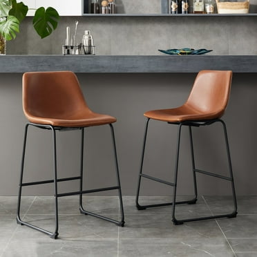 CONCETTA Bar Stools Set of 2, Counter Height Bar Stools with Back, 26 Inch Armless Industrial Faux Leather Barstools with Metal Legs and Footrest for Home Office Kitchen