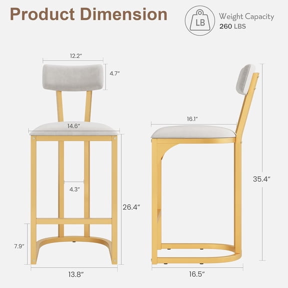 Bar Stools Set of 2, Curved Back with Metal Frame Island Chairs with Upholstered Modern Tall Barstools Counter Stools for Kitchen Dining Room (Gold)