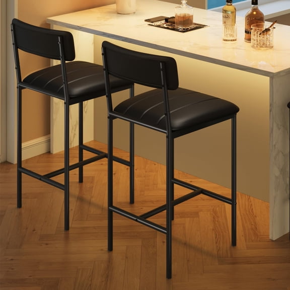 Bar Stools Set of 2, Counter Height Bar Stools with Footrest, PU Leather Kitchen Barstools, Bar Chairs with Back for Kitchen Island, Apartment, Counter Bar, Easy Assembly, Classic Black