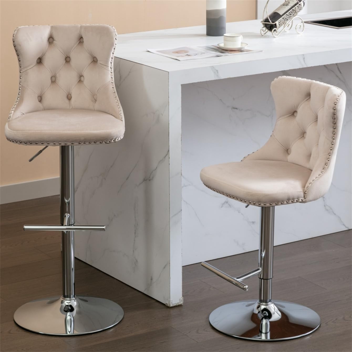 Bar Stools, Set of 2 Counter Height Bar Stools, Golden Swivel Velvet Barstools with Backs ...