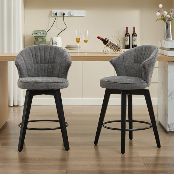 Bar Stools Set of 2, Counter Height Bar Swivel Chairs with Backs, Wood Legs and Footrest, Chenille Cushion, Height Adjustable, for Kitchens, Bars, Restaurants, Cafes