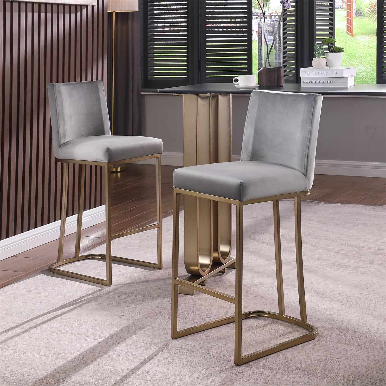 Grey Bar Stools Set of 2, Counter Height with Gold Frame, Velvet Fabric ...
