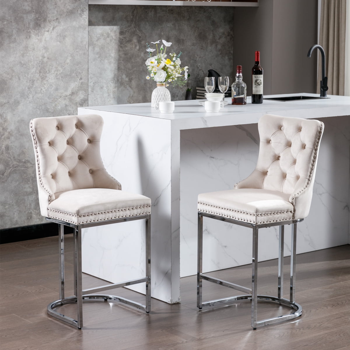 Bar Stools Set of 2, Counter Height Barstools with Chrome Metal Base ...