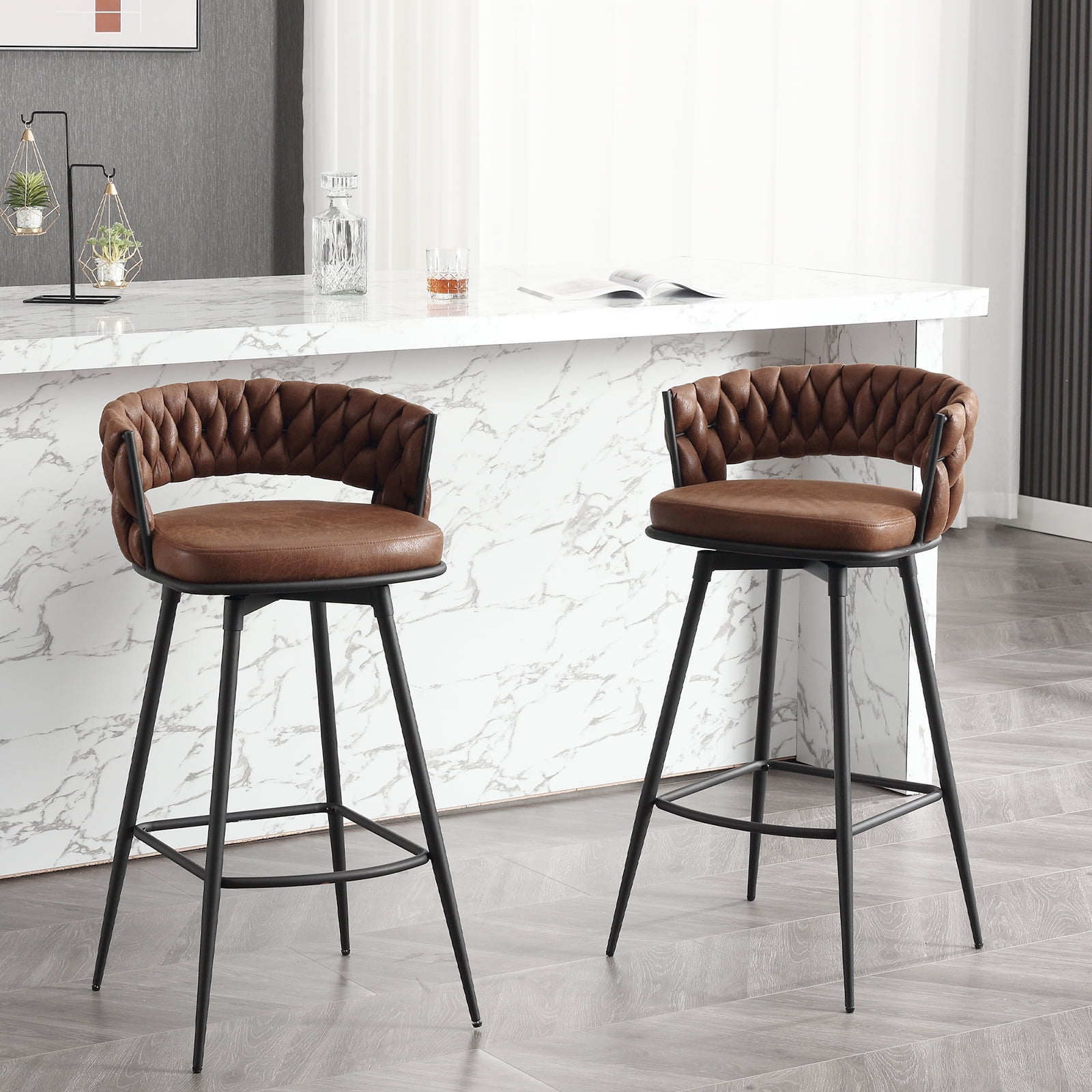 Brown Leather Swivel Bar Stools with Woven Backrest, Set of 2