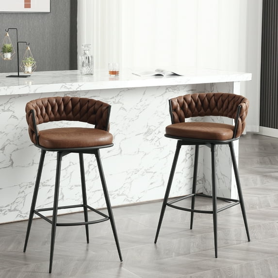 Bar Stools Set of 2, Counter Height Barstools with Woven Back and Footrest, 26" Modern Upholstered Kitchen Island Chairs for Kitchen Island, Cafe, Pub, Bar Counter, Brown