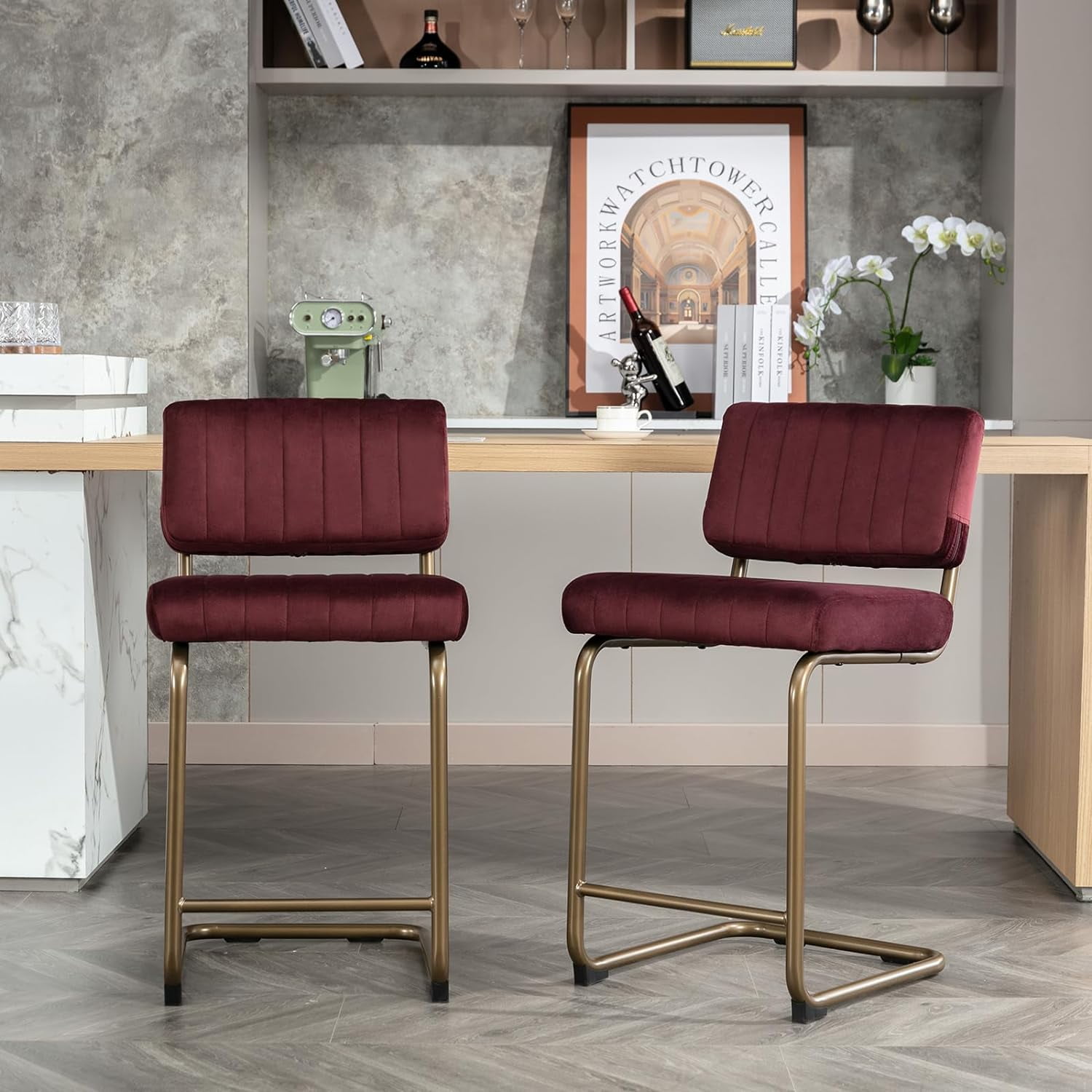 Andeworld Set Of 2 Velvet Bar Stools - 24" Counter Height With Woven Back & Metal Footrest, Ivory