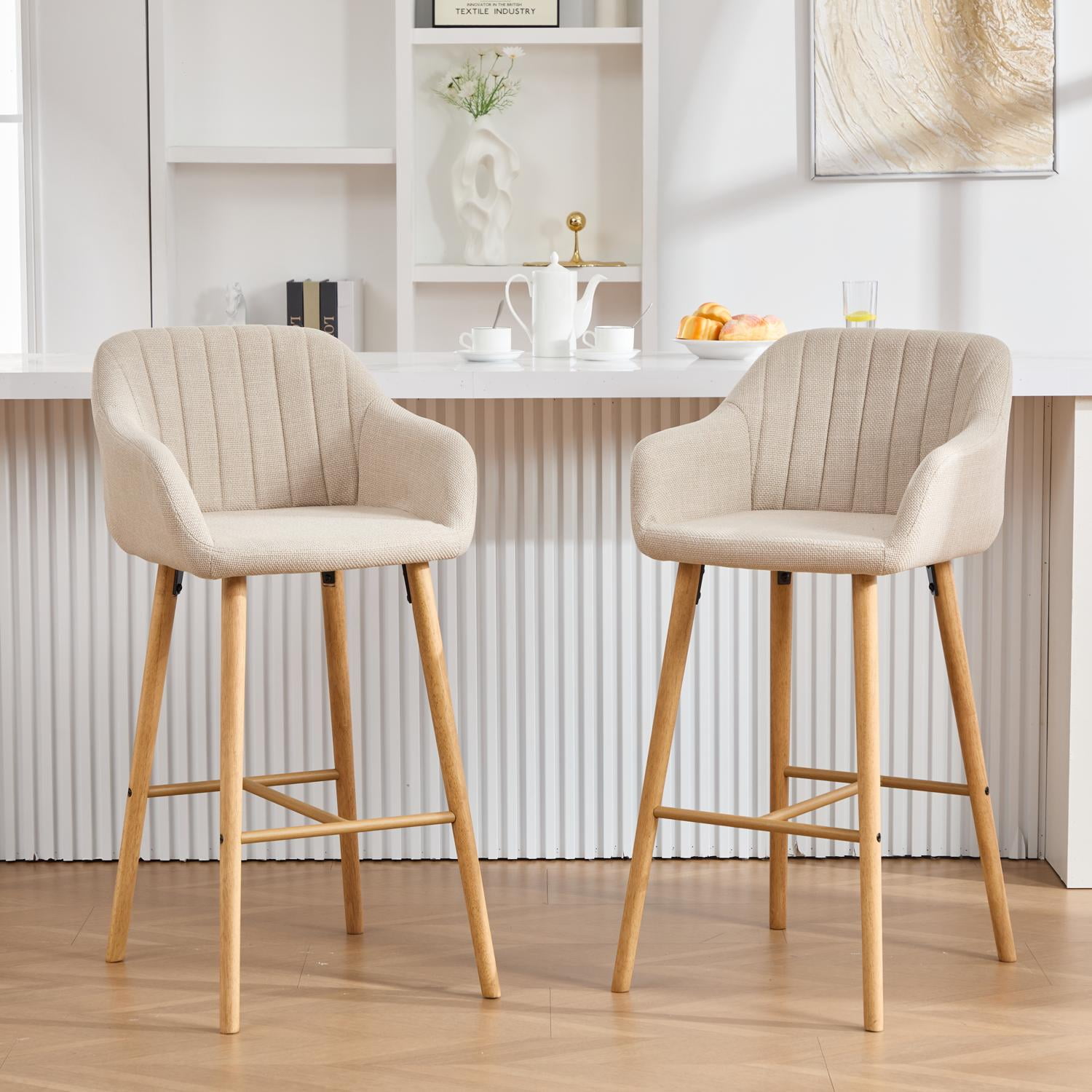 Bar Stools Set of 2, Counter Height Stools, Kitchen Stools&nbsp;25” Seat Height Barrel Tub Design With Full Backrest, Relaxing Footrest, Black Metal Frame, Easy-Clean Gray Linen Upholstery