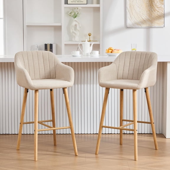 Bar Stools Set of 2, Counter Height Stools, Kitchen Stools25 Seat Height Barrel Tub Design With Full Backrest, Relaxing Footrest, Black Metal Frame, Easy-Clean Gray Linen Upholstery