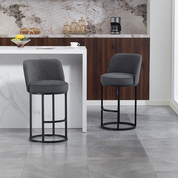 Bar Stools Set of 2, Counter Height Stools, Kitchen Stools25 Seat Height Barrel Tub Design With Full Backrest, Relaxing Footrest, Black Metal Frame, Easy-Clean Gray Linen Upholstery