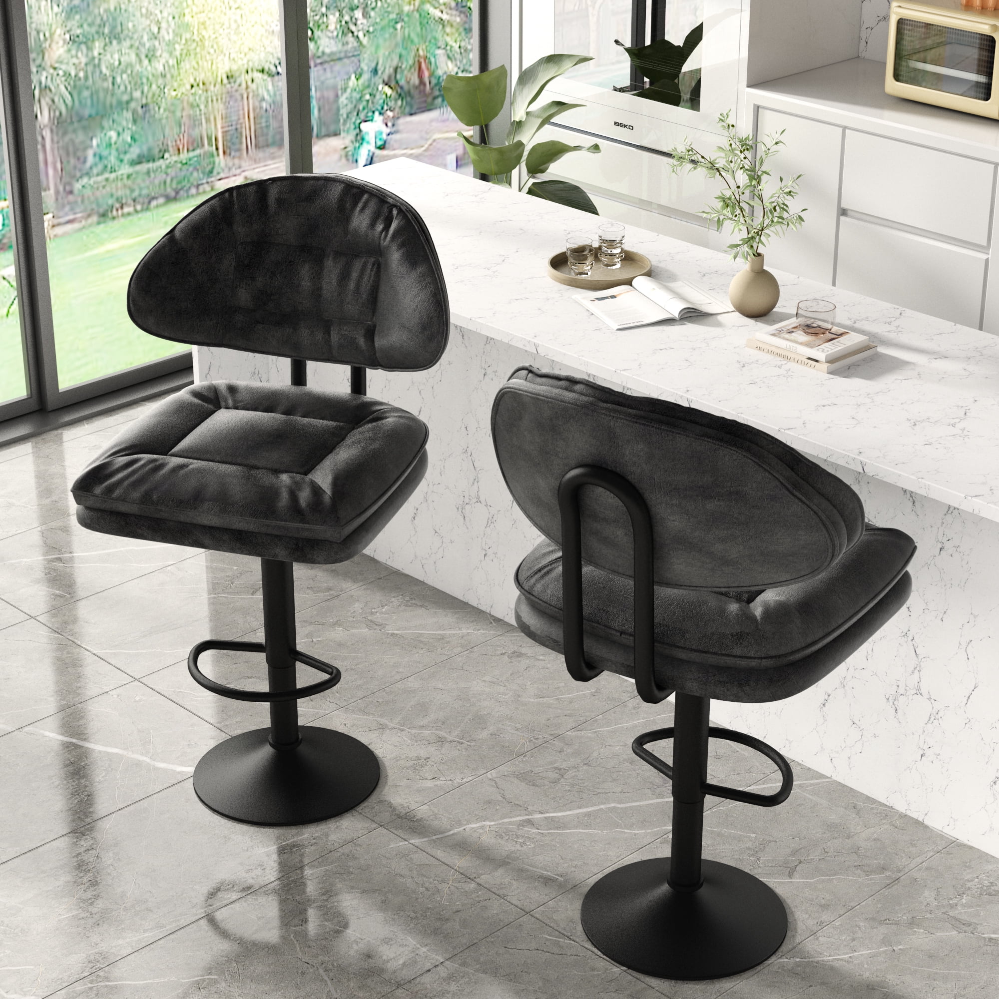 Bar Stools Set of 2, Ergonomic Upholstered Bar Chair with Back ...