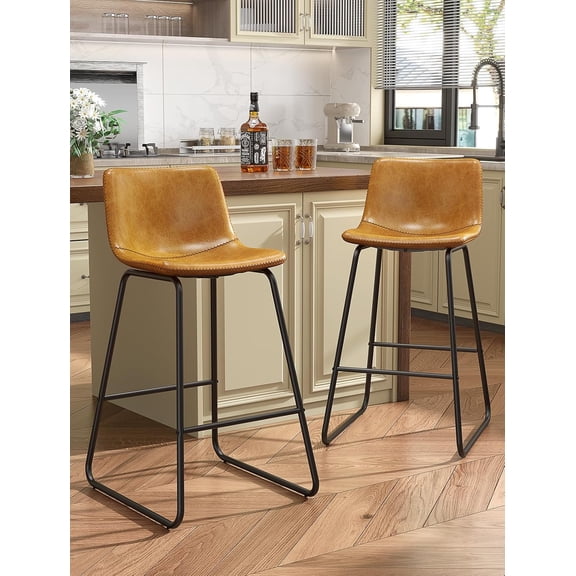 Bar Stools Set of 2, Faux Leather Counter Height Stools, 26" Modern Bar Stools with Metal Legs and Footrest, Urban Armless Counter Chairs with Back for Kitchen Island (Brown)