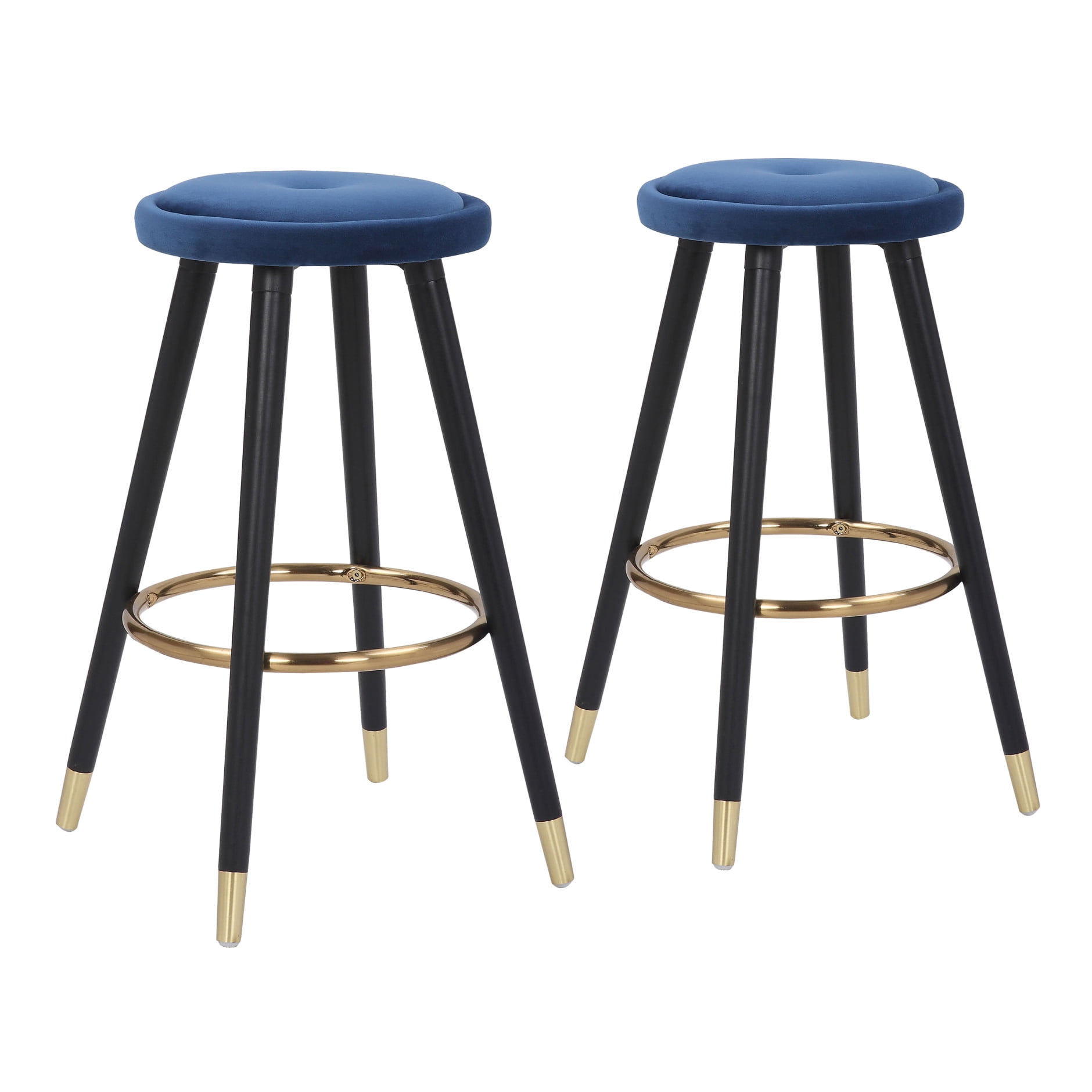 Blue Velvet and Gold Metal Backless Counter Stool