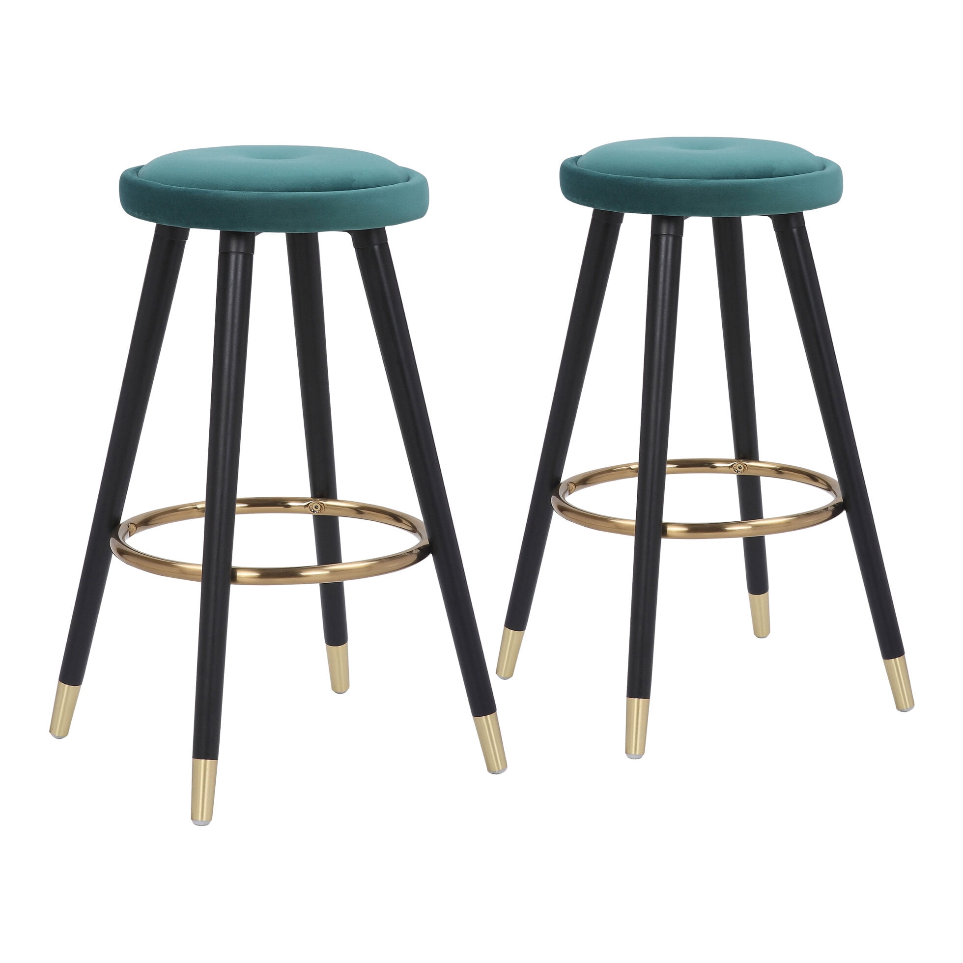 Teal Velvet and Black Wood Backless Counter Stools, Set of 2