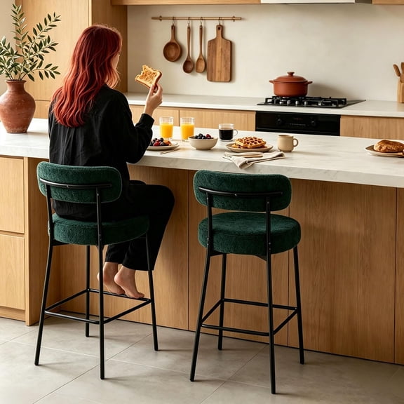 Bar Stools Set of 2, Green 28 Inches Counter Height Bar Stools,Modern Upholstered Boucle Barstools with Back & Footrest Metal Legs, Stools for Kitchen Island, Counter, Cafes, Dining Room