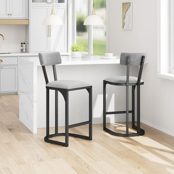 Bar Stools Set of 2, High Back Counter Height Bar Stools with White Velvet Upholstery & Metal Legs, Curved Back with Upholstered Modern Tall Barstools Counter Stools for Kitchen Dining Room