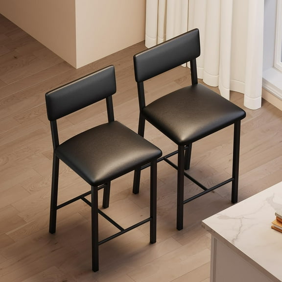Bar Stools Set Of 2, Kitchen Bar Stools With Footrest,24.8 Inch Upholstered PU Leather Bar Chairs With Back, 2 Counter Height Barstools For Counter Bar, Island, Easy Assembly
