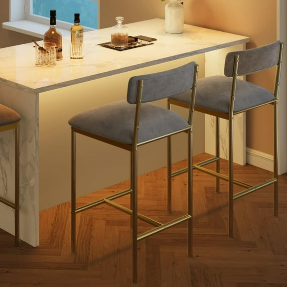 Bar Stools Set of 2, Kitchen Bar Stools with Footrest, 25.5 Inches Upholstered Bar Chairs with Back, 2 Counter Height Barstools for Counter Bar, Island, Easy Assembly