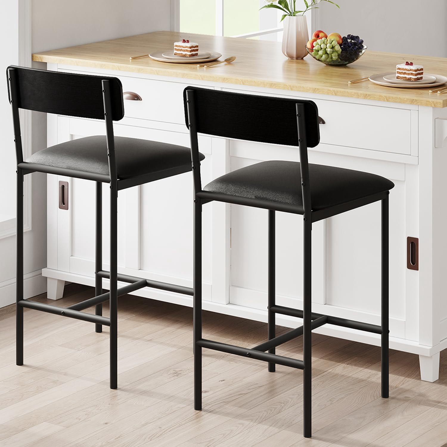 Bar Stools Set of 2,Kitchen Bar Stools with Footrest,25.5 Inches Upholstered Bar Chairs with Back,Counter Height Barstools for Counter Bar,Island,Easy Assembly