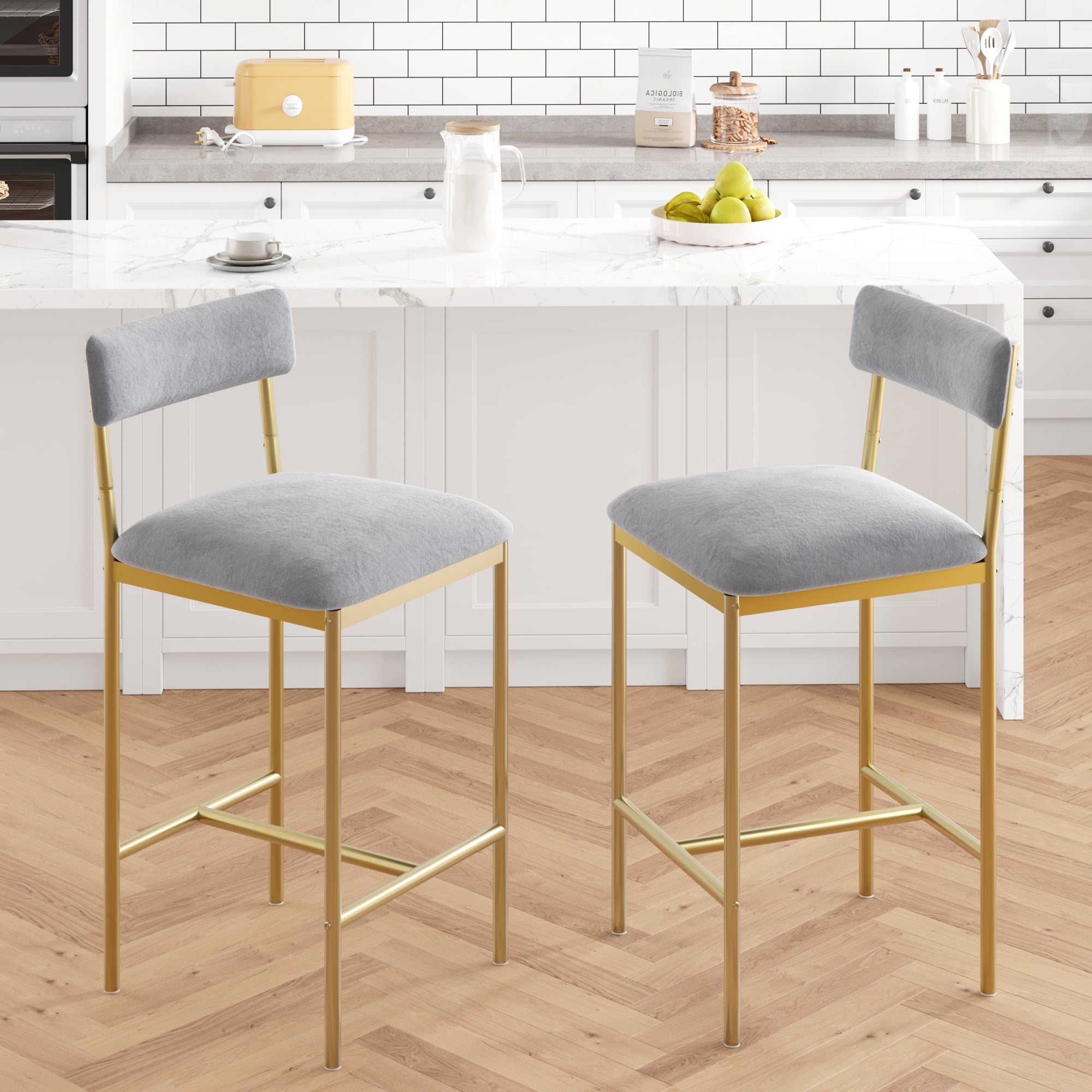 Bar Stools Set of 2 Kitchen Bar Stools with Footrest 25.5 Inches Upholstered Bar Chairs with Back Counter Height Barstools for Counter Bar Island